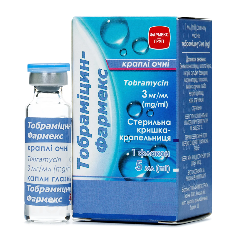 ТОБРАМІЦИН-ФАРМЕКС краплі очні, 3 мг/мл по 5 мл у флаконі; по 1 флакону разом із кришкою-крапельницею в пачці